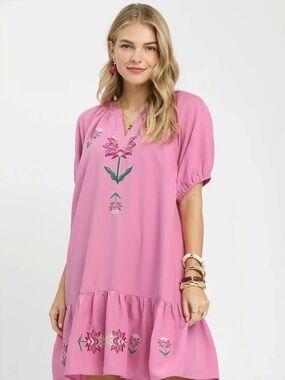 Umgee Embroidered Floral Babydoll Dress